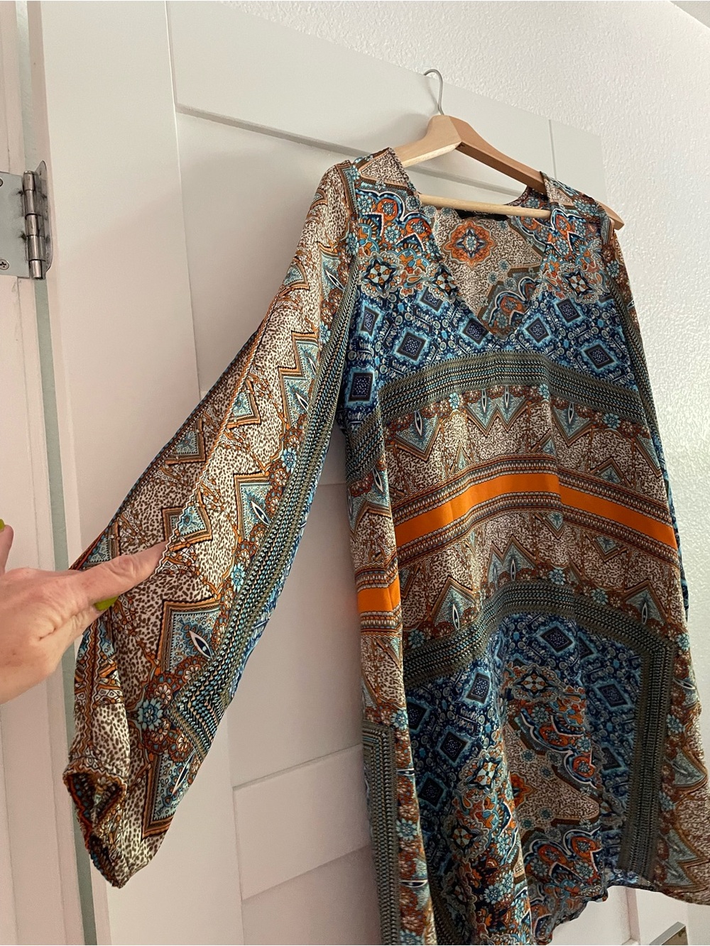 AKIRA Chicago Printed Boho Blouse in Teal, Orange & Brown